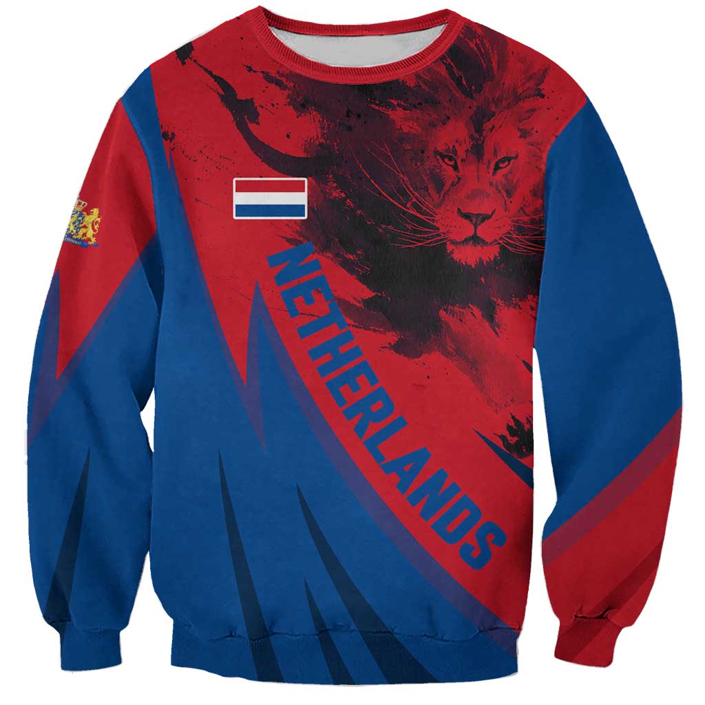 Netherlands Sweatshirt with Lion Graphic and Dutch Flag in Red and Blue Design - Wonder Print Shop