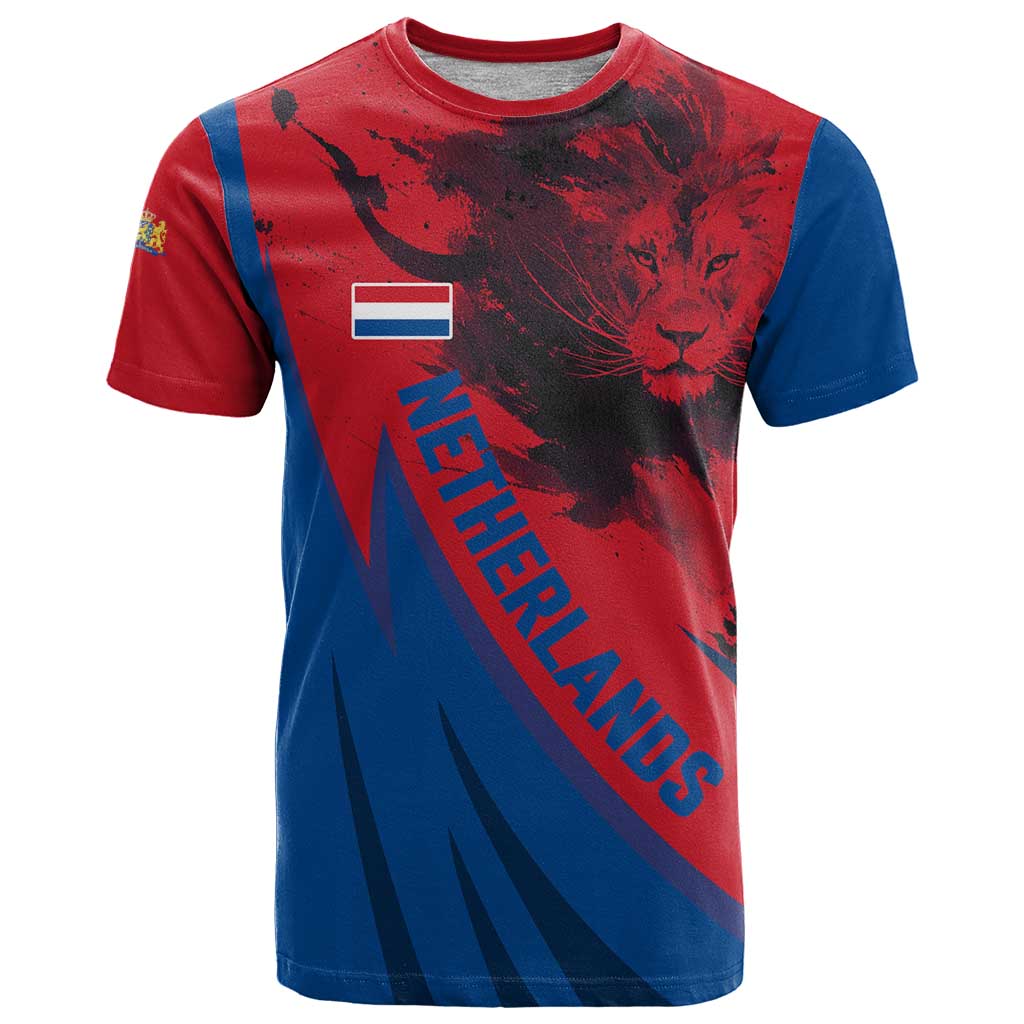 Netherlands T Shirt with Lion Graphic and Dutch Flag in Red and Blue Design - Wonder Print Shop