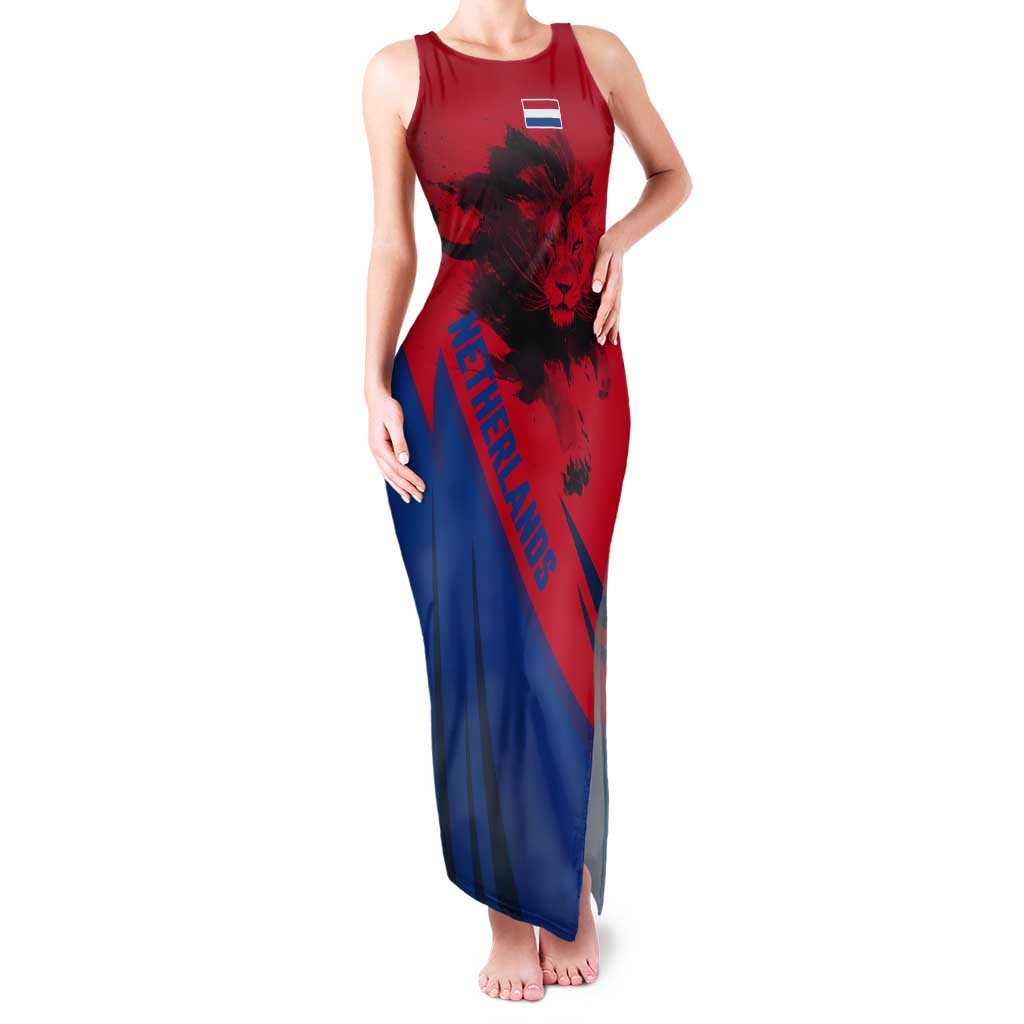 Netherlands Tank Maxi Dress with Lion Graphic and Dutch Flag in Red and Blue Design - Wonder Print Shop