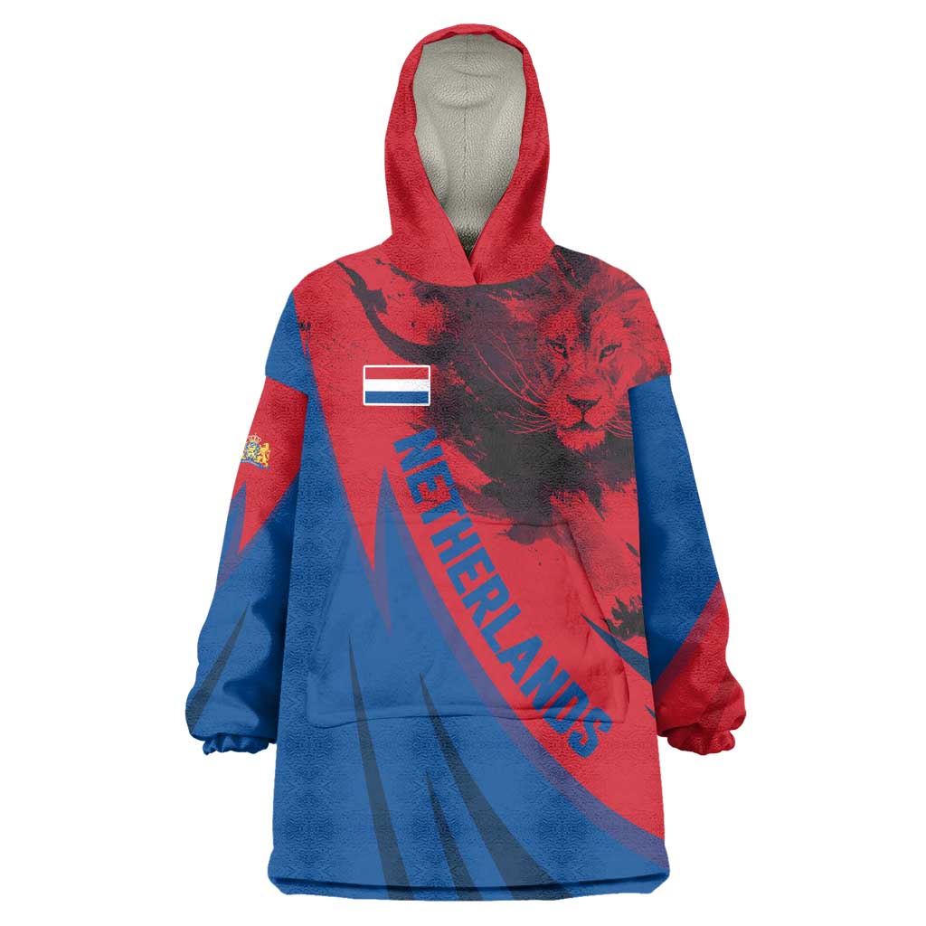 Netherlands Wearable Blanket Hoodie with Lion Graphic and Dutch Flag in Red and Blue Design - Wonder Print Shop