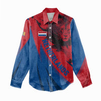 Netherlands Women Casual Shirt with Lion Graphic and Dutch Flag in Red and Blue Design - Wonder Print Shop
