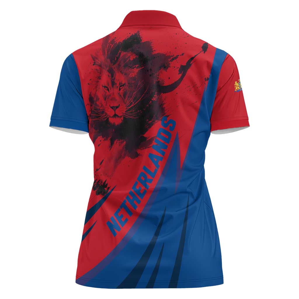 Netherlands Women Polo Shirt with Lion Graphic and Dutch Flag in Red and Blue Design - Wonder Print Shop