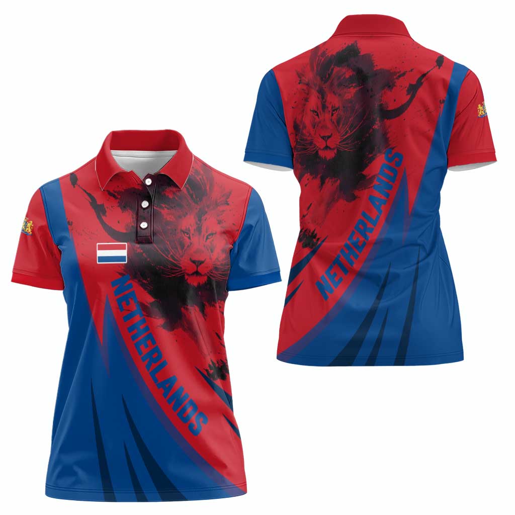Netherlands Women Polo Shirt with Lion Graphic and Dutch Flag in Red and Blue Design - Wonder Print Shop