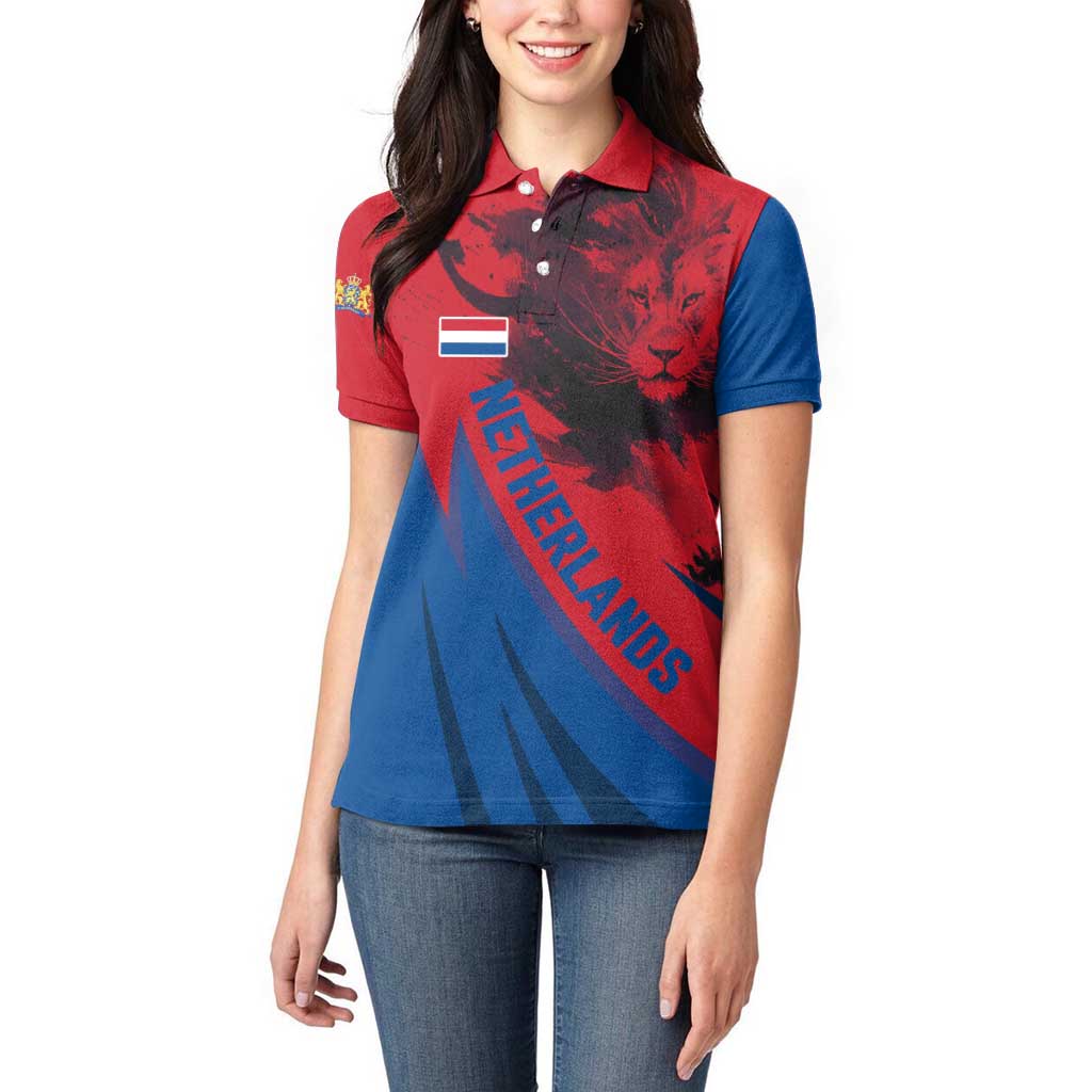 Netherlands Women Polo Shirt with Lion Graphic and Dutch Flag in Red and Blue Design - Wonder Print Shop