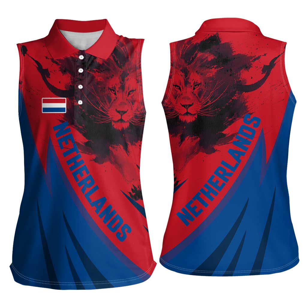 Netherlands Women Sleeveless Polo Shirt with Lion Graphic and Dutch Flag in Red and Blue Design - Wonder Print Shop