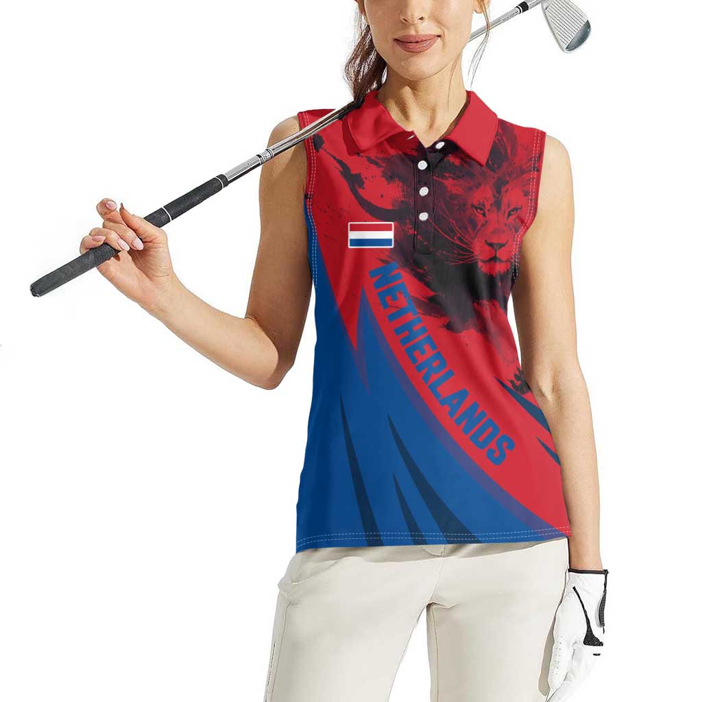 Netherlands Women Sleeveless Polo Shirt with Lion Graphic and Dutch Flag in Red and Blue Design - Wonder Print Shop