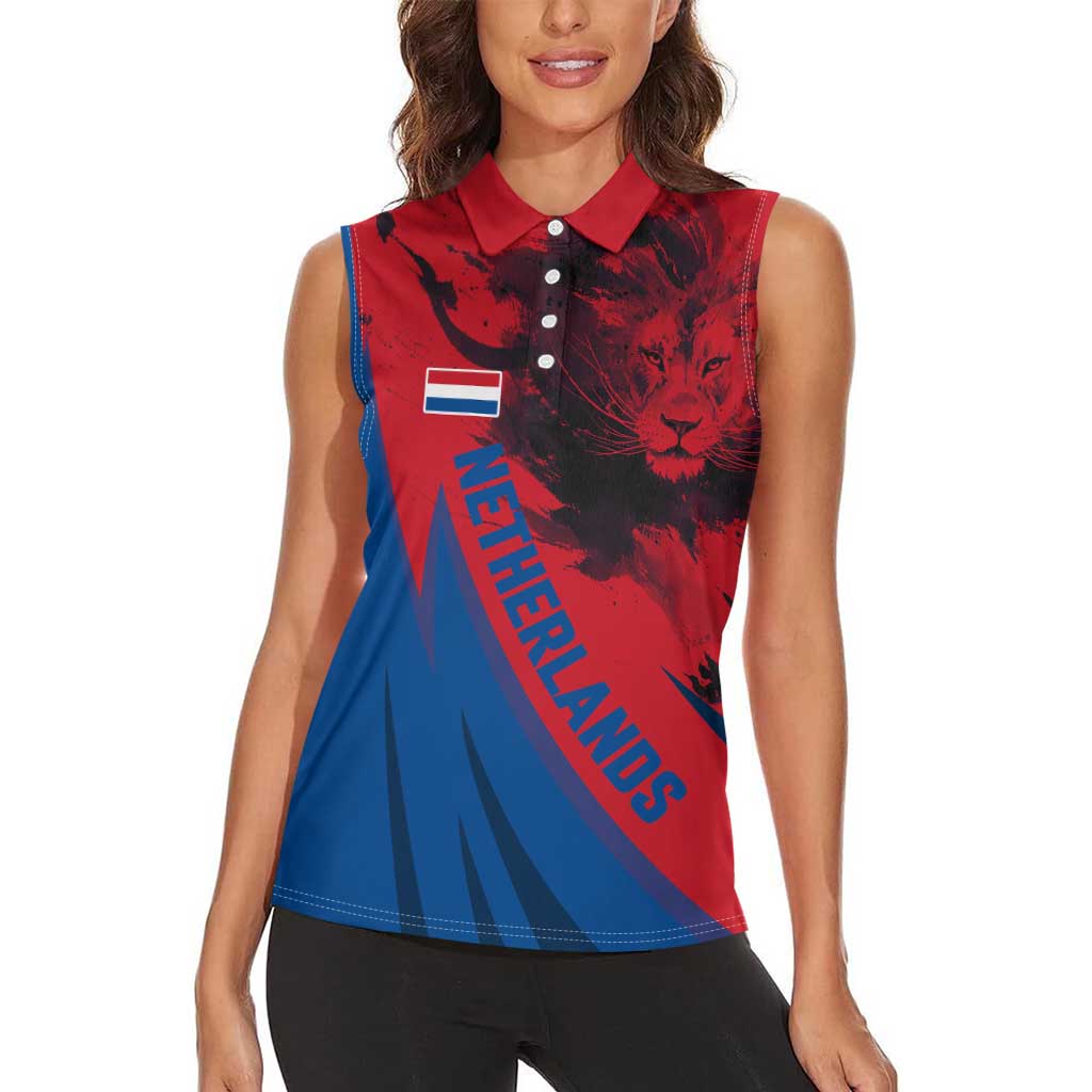 Netherlands Women Sleeveless Polo Shirt with Lion Graphic and Dutch Flag in Red and Blue Design - Wonder Print Shop