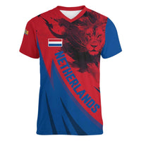 Netherlands Women V-Neck T-Shirt with Lion Graphic and Dutch Flag in Red and Blue Design - Wonder Print Shop