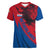 Netherlands Women V-Neck T-Shirt with Lion Graphic and Dutch Flag in Red and Blue Design - Wonder Print Shop