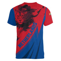 Netherlands Women V-Neck T-Shirt with Lion Graphic and Dutch Flag in Red and Blue Design - Wonder Print Shop
