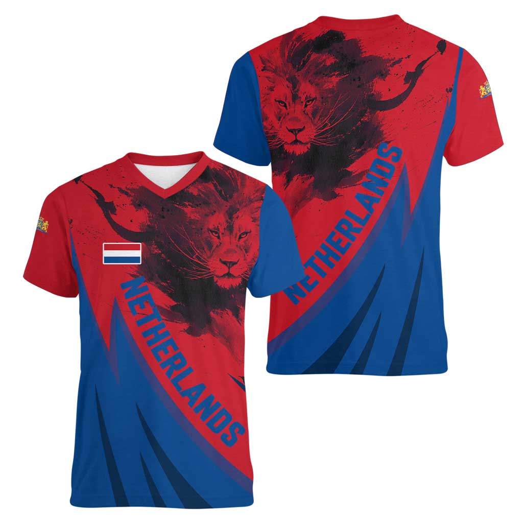 Netherlands Women V-Neck T-Shirt with Lion Graphic and Dutch Flag in Red and Blue Design - Wonder Print Shop