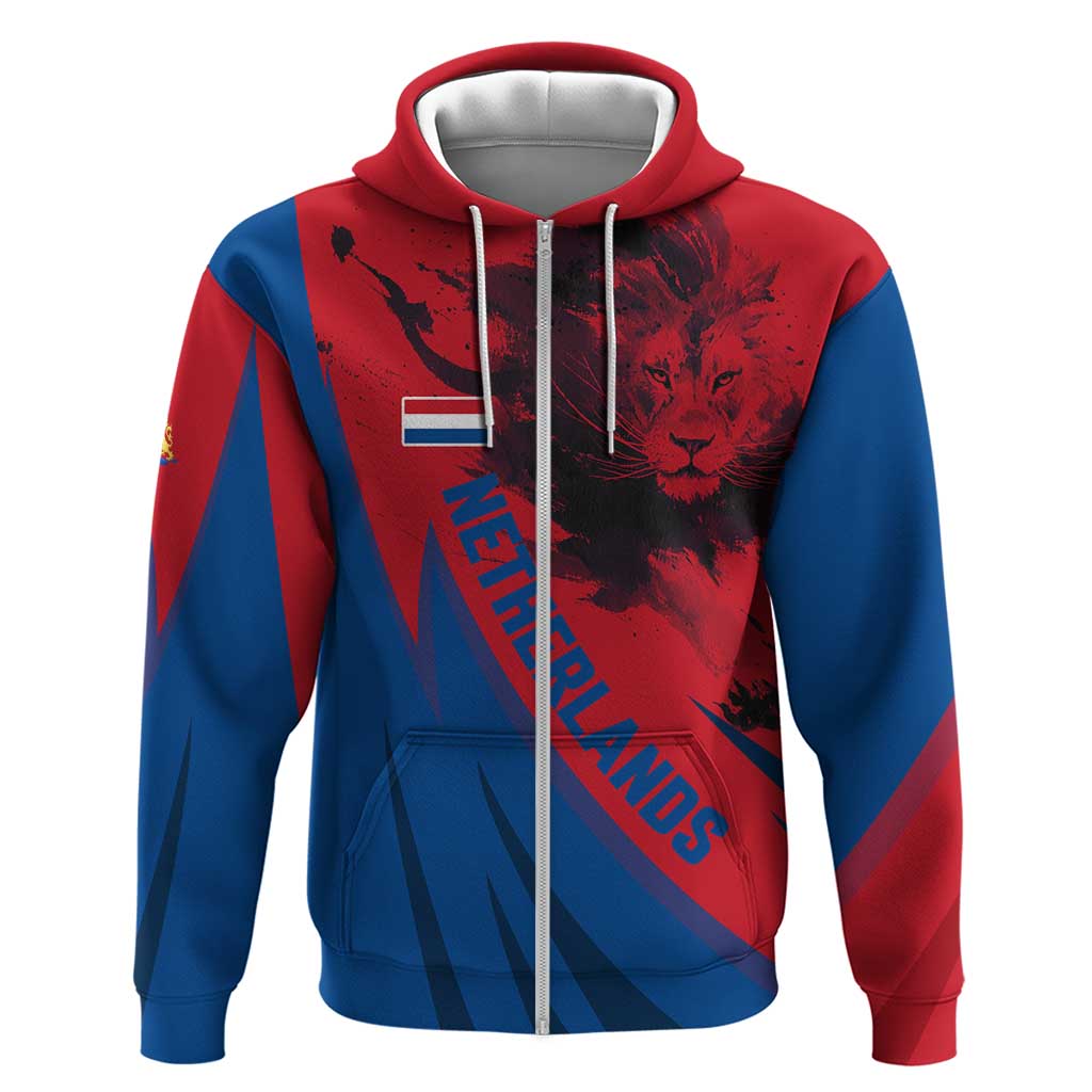 Netherlands Zip Hoodie with Lion Graphic and Dutch Flag in Red and Blue Design - Wonder Print Shop