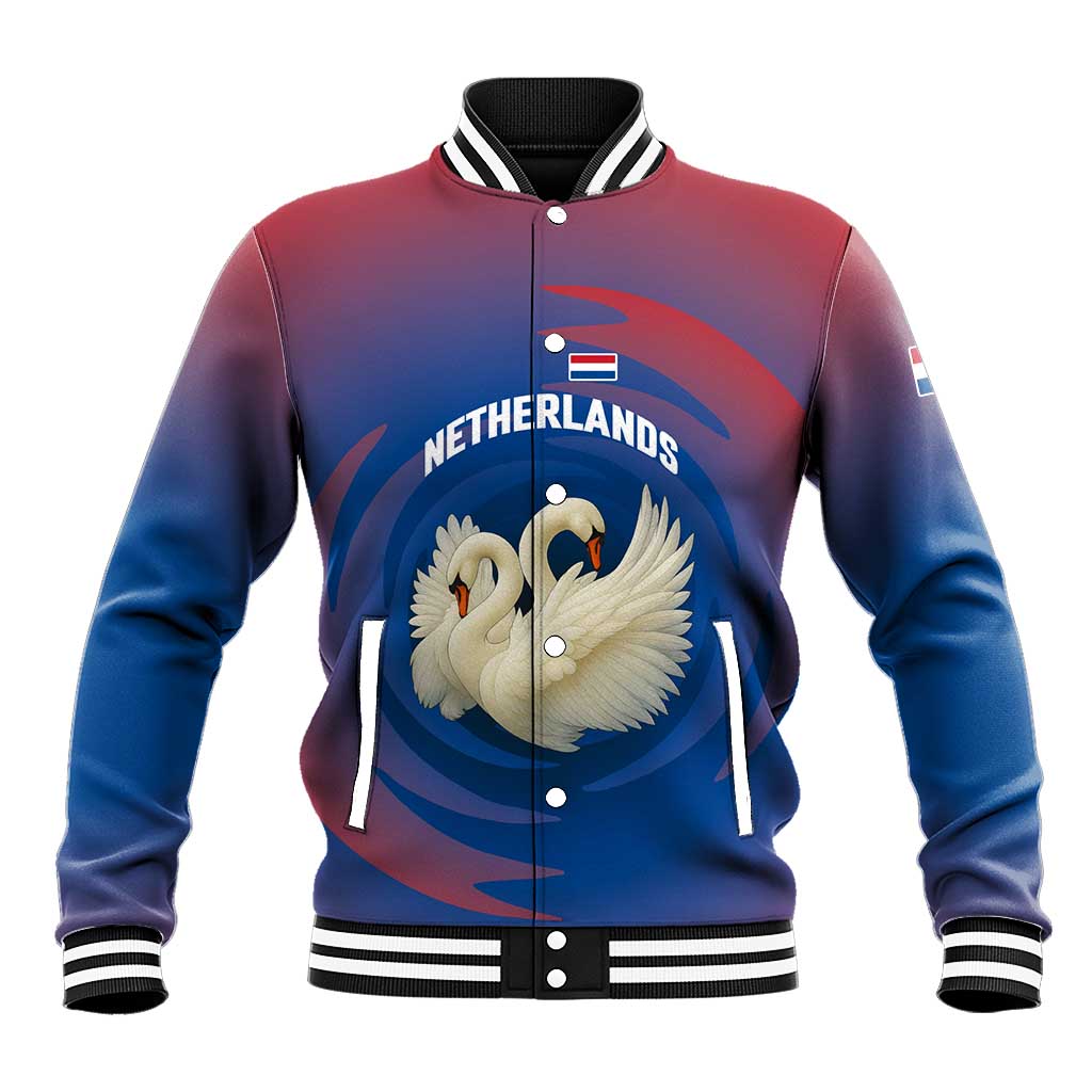 Netherlands Baseball Jacket with Swan Couple Graphic and Dutch Flag in Gradient Red and Blue Design - Wonder Print Shop
