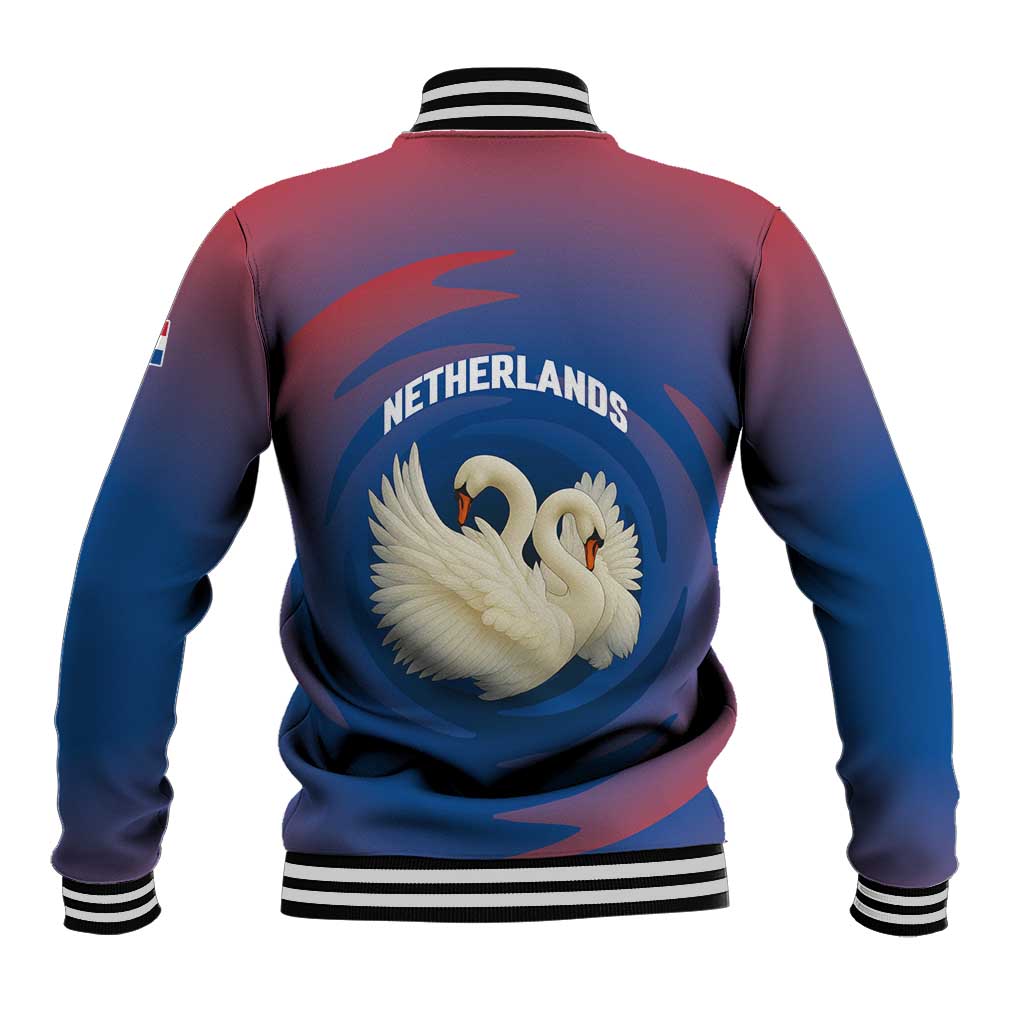 Netherlands Baseball Jacket with Swan Couple Graphic and Dutch Flag in Gradient Red and Blue Design - Wonder Print Shop