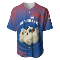 Netherlands Baseball Jersey with Swan Couple Graphic and Dutch Flag in Gradient Red and Blue Design - Wonder Print Shop