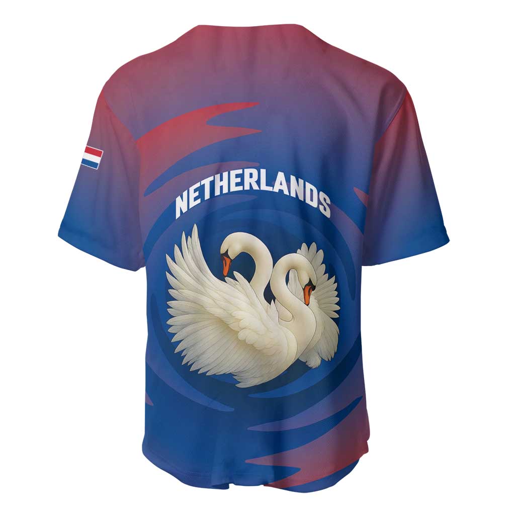 Netherlands Baseball Jersey with Swan Couple Graphic and Dutch Flag in Gradient Red and Blue Design - Wonder Print Shop