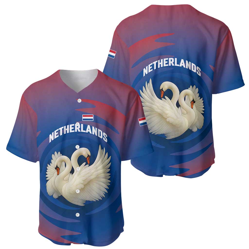 Netherlands Baseball Jersey with Swan Couple Graphic and Dutch Flag in Gradient Red and Blue Design - Wonder Print Shop