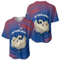Netherlands Baseball Jersey with Swan Couple Graphic and Dutch Flag in Gradient Red and Blue Design - Wonder Print Shop