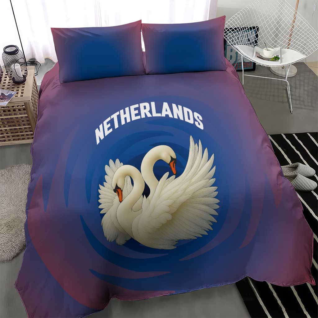 Netherlands Bedding Set with Swan Couple Graphic and Dutch Flag in Gradient Red and Blue Design - Wonder Print Shop