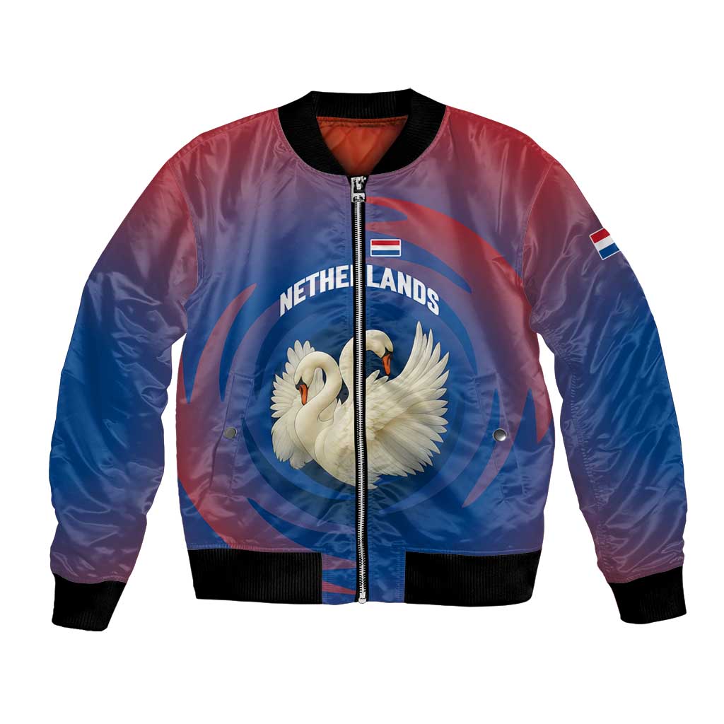 Netherlands Bomber Jacket with Swan Couple Graphic and Dutch Flag in Gradient Red and Blue Design - Wonder Print Shop