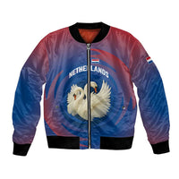 Netherlands Bomber Jacket with Swan Couple Graphic and Dutch Flag in Gradient Red and Blue Design - Wonder Print Shop