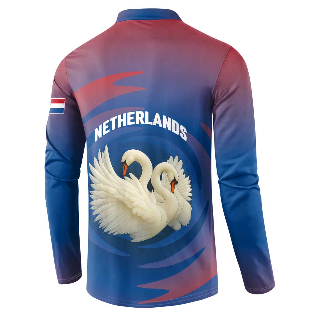 Netherlands Button Sweatshirt with Swan Couple Graphic and Dutch Flag in Gradient Red and Blue Design - Wonder Print Shop