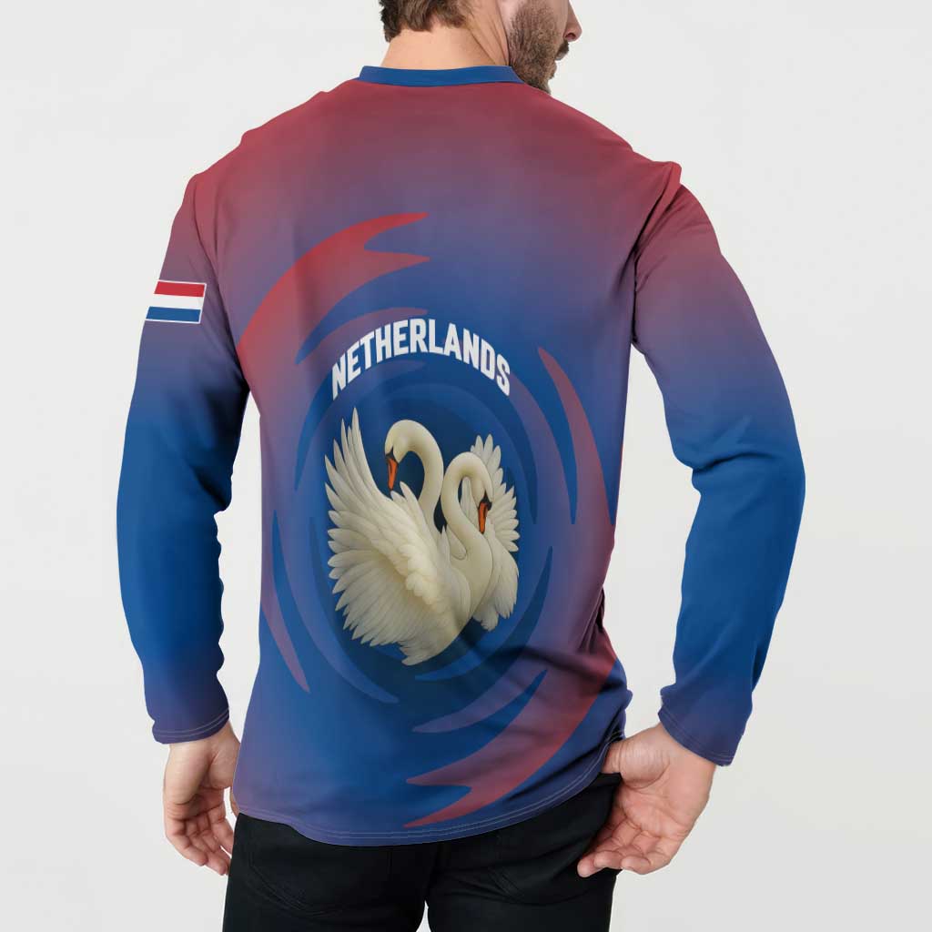 Netherlands Button Sweatshirt with Swan Couple Graphic and Dutch Flag in Gradient Red and Blue Design - Wonder Print Shop