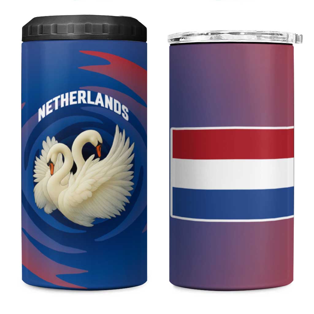 Netherlands 4 in 1 Can Cooler Tumbler with Swan Couple Graphic and Dutch Flag in Gradient Red and Blue Design - Wonder Print Shop