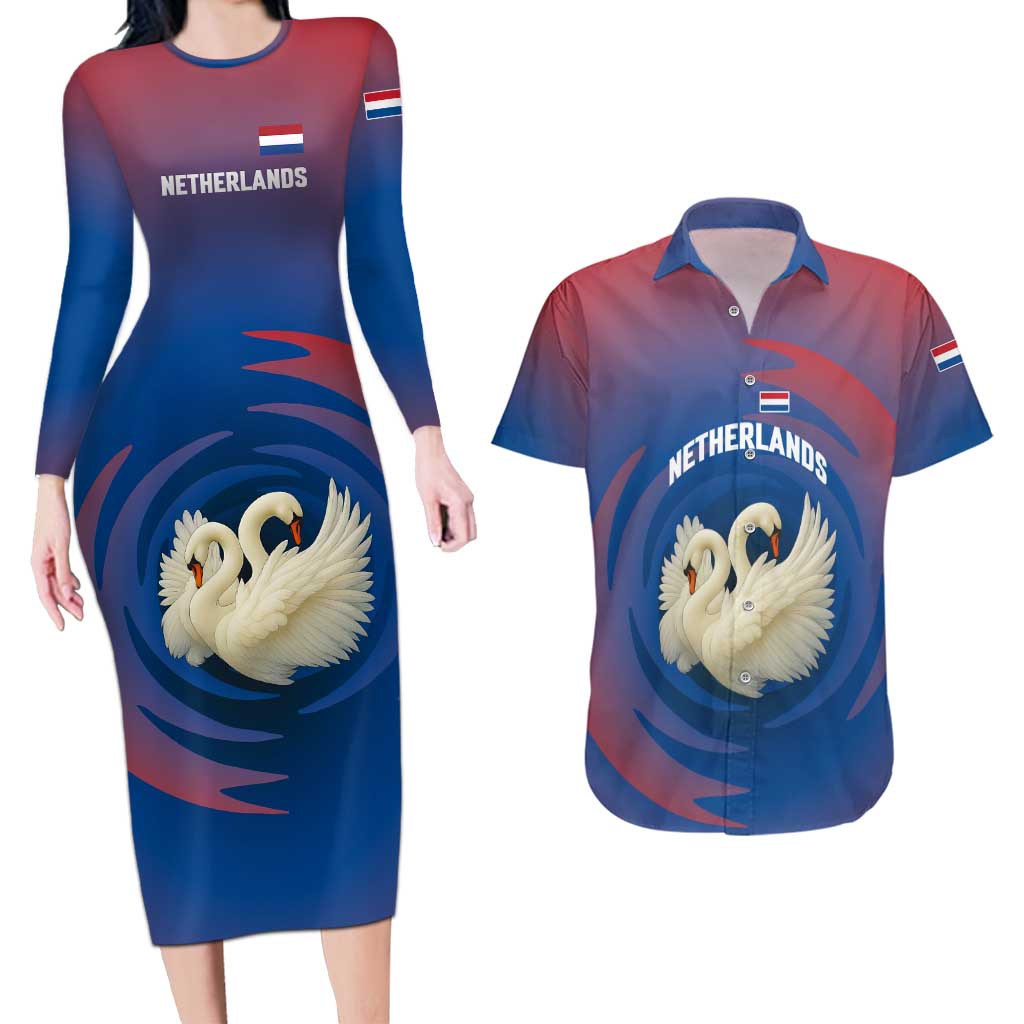 Netherlands Couples Matching Long Sleeve Bodycon Dress and Hawaiian Shirt with Swan Couple Graphic and Dutch Flag in Gradient Red and Blue Design - Wonder Print Shop