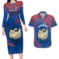 Netherlands Couples Matching Long Sleeve Bodycon Dress and Hawaiian Shirt with Swan Couple Graphic and Dutch Flag in Gradient Red and Blue Design - Wonder Print Shop