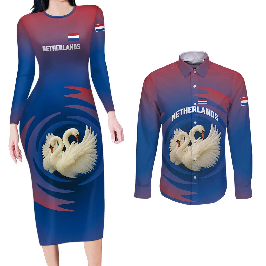 Netherlands Couples Matching Long Sleeve Bodycon Dress and Long Sleeve Button Shirt with Swan Couple Graphic and Dutch Flag in Gradient Red and Blue Design - Wonder Print Shop