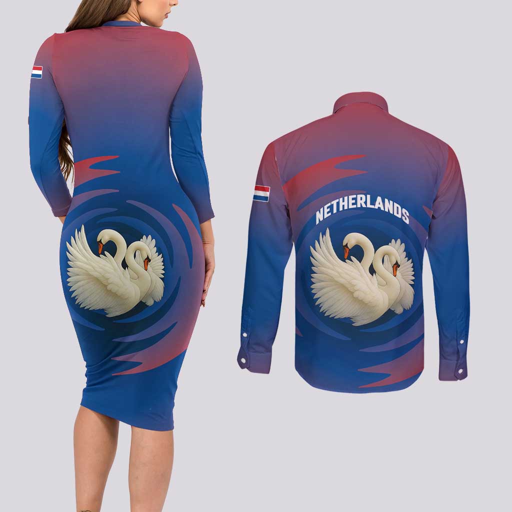 Netherlands Couples Matching Long Sleeve Bodycon Dress and Long Sleeve Button Shirt with Swan Couple Graphic and Dutch Flag in Gradient Red and Blue Design - Wonder Print Shop