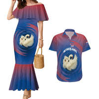 Netherlands Couples Matching Mermaid Dress and Hawaiian Shirt with Swan Couple Graphic and Dutch Flag in Gradient Red and Blue Design - Wonder Print Shop
