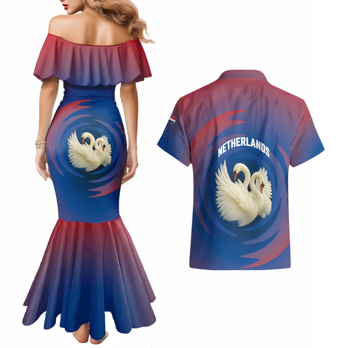 Netherlands Couples Matching Mermaid Dress and Hawaiian Shirt with Swan Couple Graphic and Dutch Flag in Gradient Red and Blue Design - Wonder Print Shop