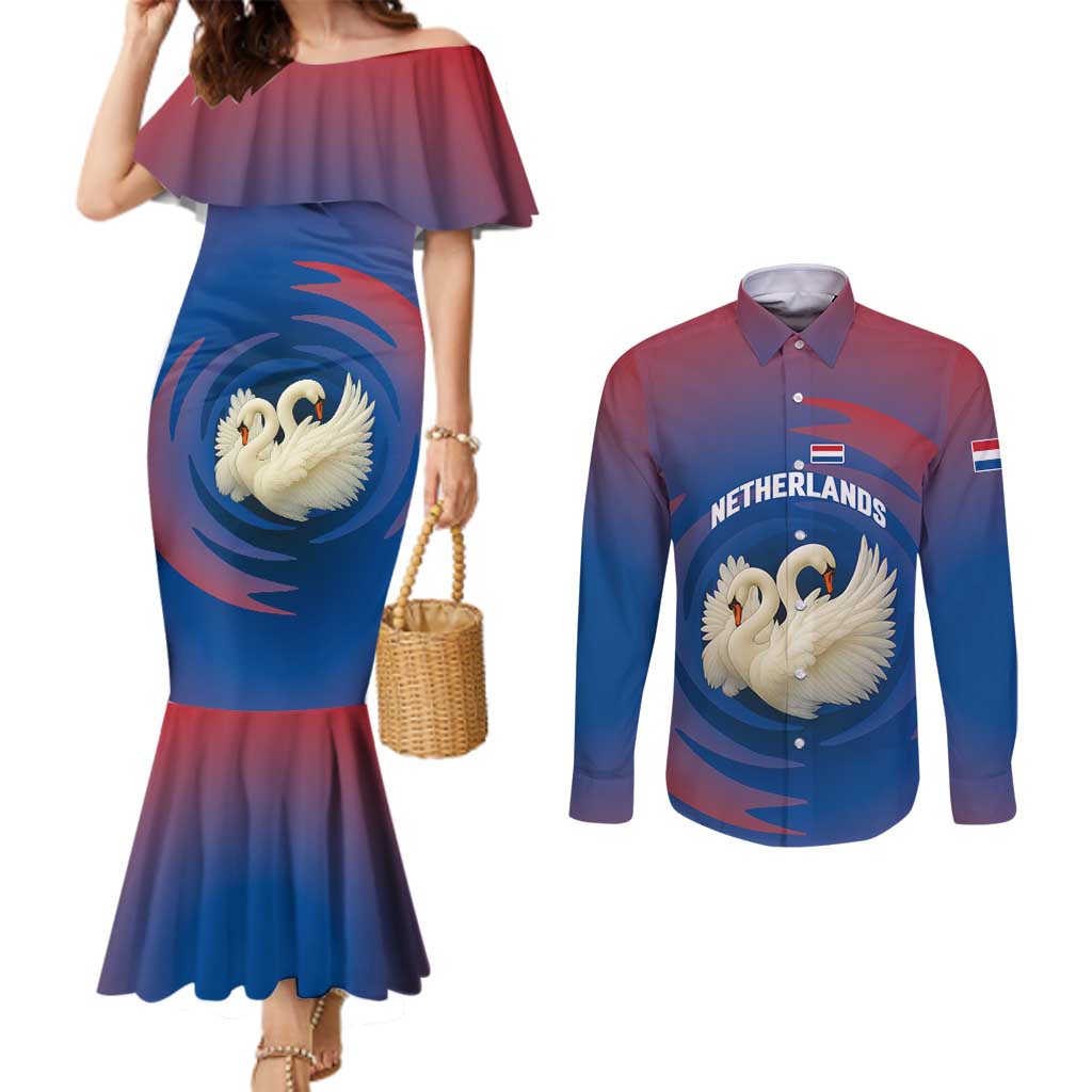 Netherlands Couples Matching Mermaid Dress and Long Sleeve Button Shirt with Swan Couple Graphic and Dutch Flag in Gradient Red and Blue Design - Wonder Print Shop