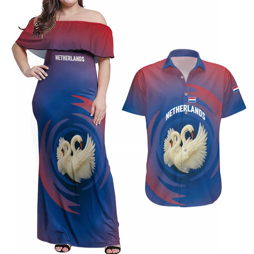 Netherlands Couples Matching Off Shoulder Maxi Dress and Hawaiian Shirt with Swan Couple Graphic and Dutch Flag in Gradient Red and Blue Design - Wonder Print Shop