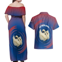 Netherlands Couples Matching Off Shoulder Maxi Dress and Hawaiian Shirt with Swan Couple Graphic and Dutch Flag in Gradient Red and Blue Design - Wonder Print Shop