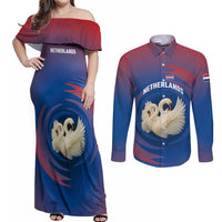 Netherlands Couples Matching Off Shoulder Maxi Dress and Long Sleeve Button Shirt with Swan Couple Graphic and Dutch Flag in Gradient Red and Blue Design - Wonder Print Shop