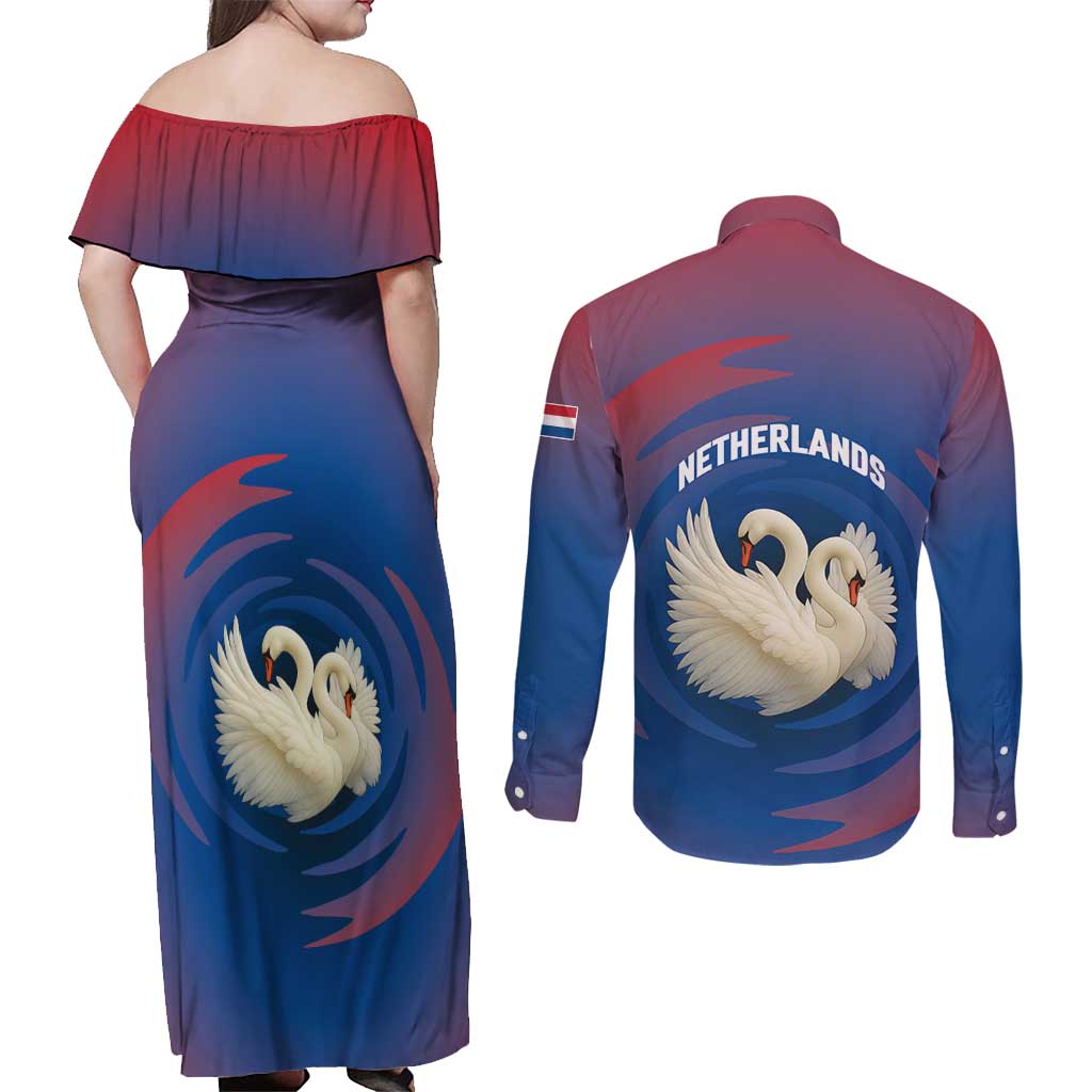 Netherlands Couples Matching Off Shoulder Maxi Dress and Long Sleeve Button Shirt with Swan Couple Graphic and Dutch Flag in Gradient Red and Blue Design - Wonder Print Shop