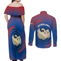 Netherlands Couples Matching Off Shoulder Maxi Dress and Long Sleeve Button Shirt with Swan Couple Graphic and Dutch Flag in Gradient Red and Blue Design - Wonder Print Shop