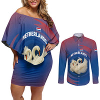 Netherlands Couples Matching Off Shoulder Short Dress and Long Sleeve Button Shirt with Swan Couple Graphic and Dutch Flag in Gradient Red and Blue Design - Wonder Print Shop