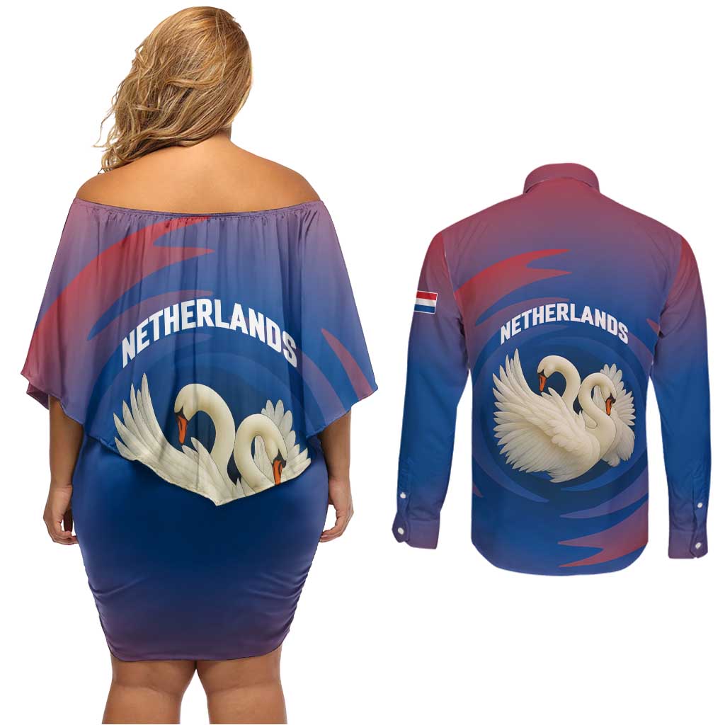 Netherlands Couples Matching Off Shoulder Short Dress and Long Sleeve Button Shirt with Swan Couple Graphic and Dutch Flag in Gradient Red and Blue Design - Wonder Print Shop