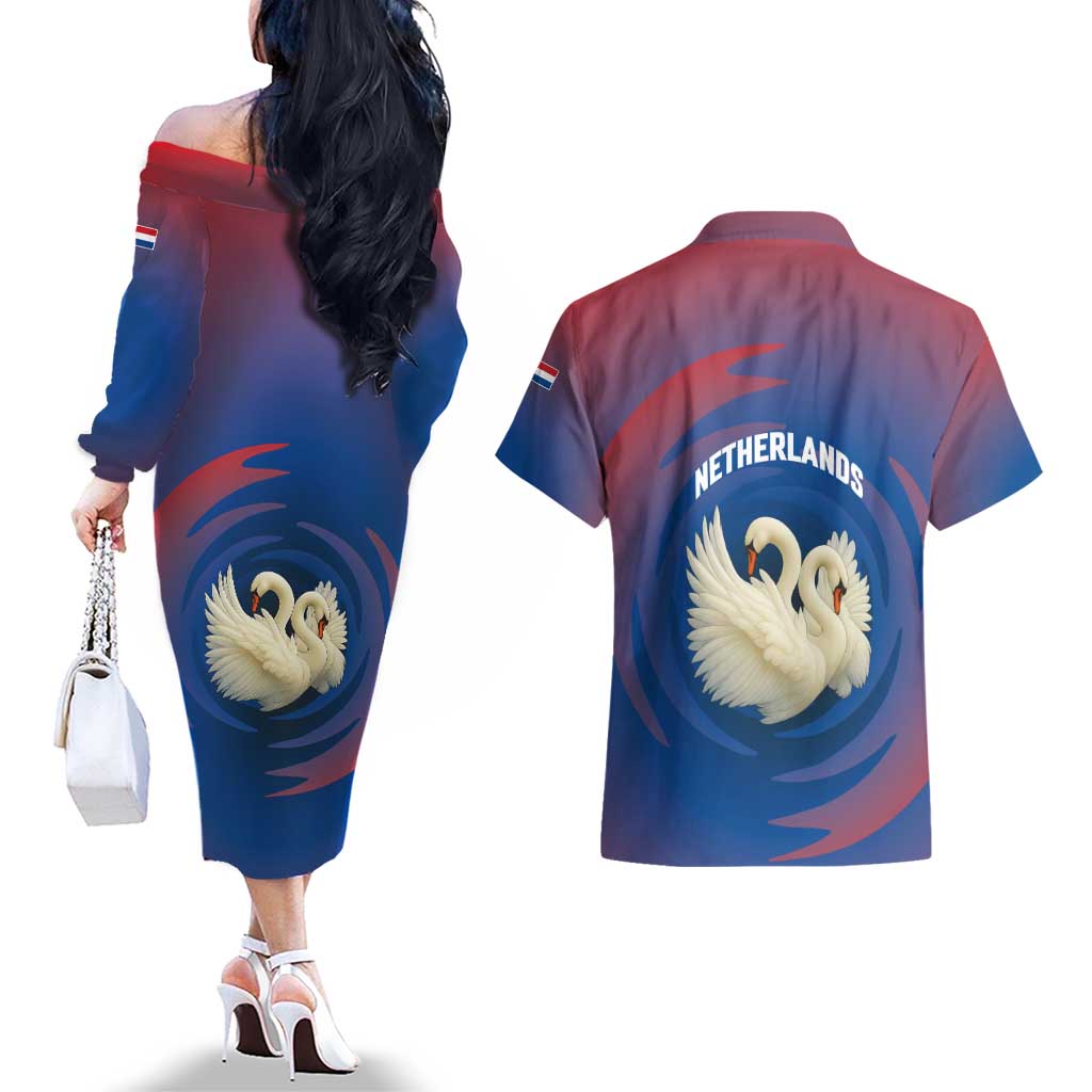 Netherlands Couples Matching Off The Shoulder Long Sleeve Dress and Hawaiian Shirt with Swan Couple Graphic and Dutch Flag in Gradient Red and Blue Design - Wonder Print Shop