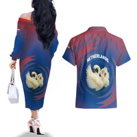 Netherlands Couples Matching Off The Shoulder Long Sleeve Dress and Hawaiian Shirt with Swan Couple Graphic and Dutch Flag in Gradient Red and Blue Design - Wonder Print Shop