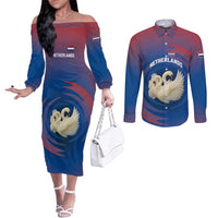 Netherlands Couples Matching Off The Shoulder Long Sleeve Dress and Long Sleeve Button Shirt with Swan Couple Graphic and Dutch Flag in Gradient Red and Blue Design - Wonder Print Shop