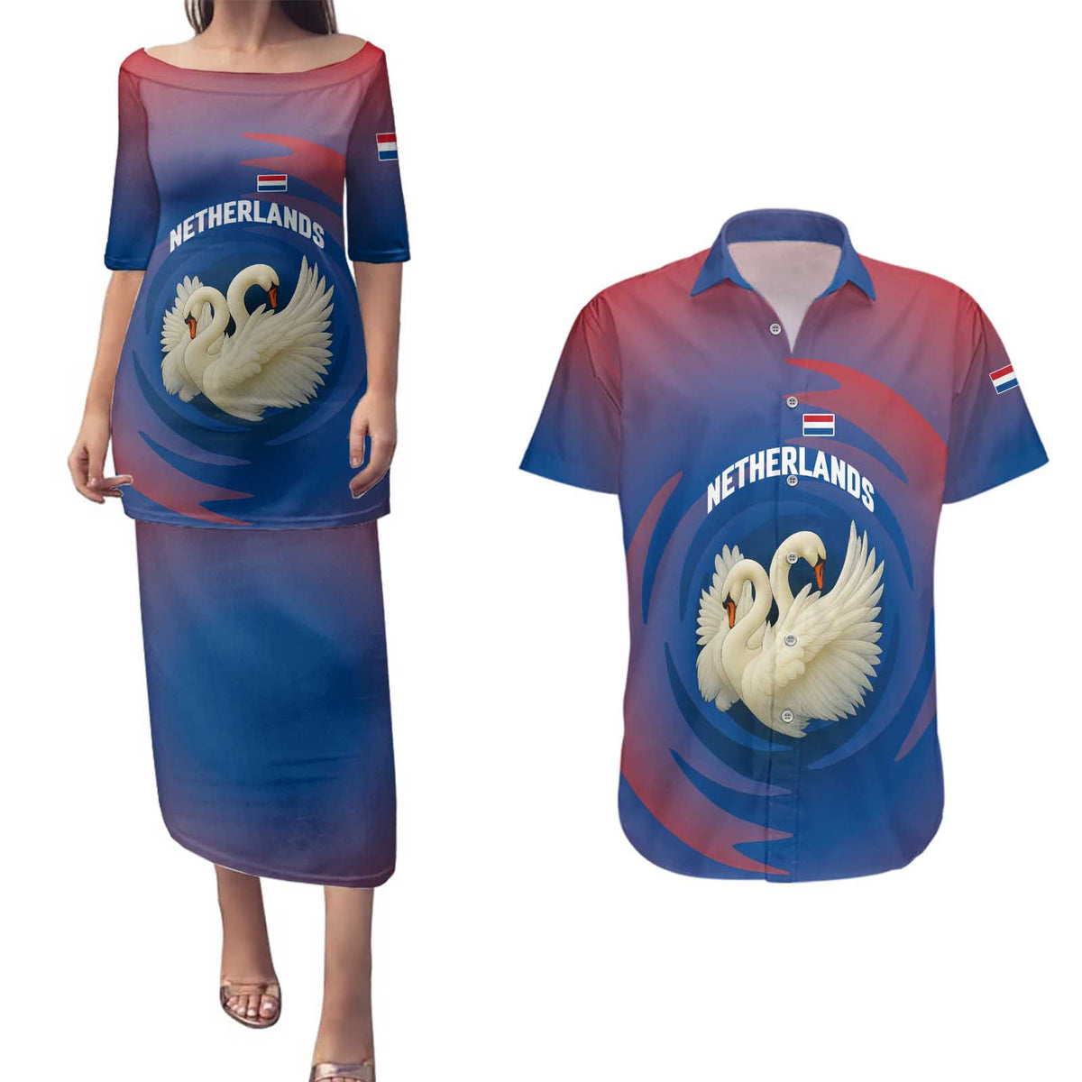 Netherlands Couples Matching Puletasi and Hawaiian Shirt with Swan Couple Graphic and Dutch Flag in Gradient Red and Blue Design - Wonder Print Shop