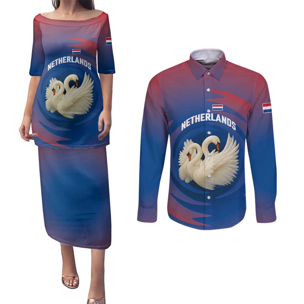 Netherlands Couples Matching Puletasi and Long Sleeve Button Shirt with Swan Couple Graphic and Dutch Flag in Gradient Red and Blue Design - Wonder Print Shop