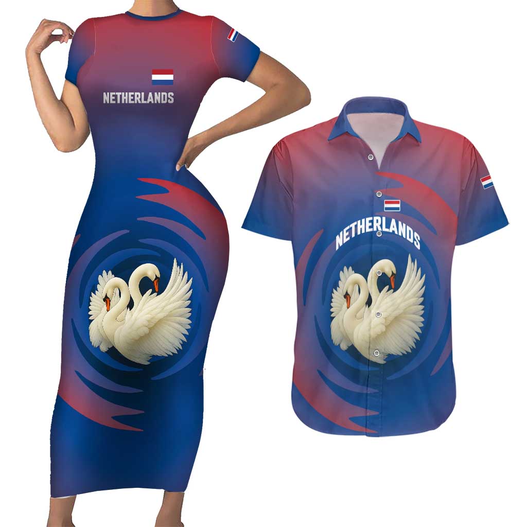 Netherlands Couples Matching Short Sleeve Bodycon Dress and Hawaiian Shirt with Swan Couple Graphic and Dutch Flag in Gradient Red and Blue Design - Wonder Print Shop