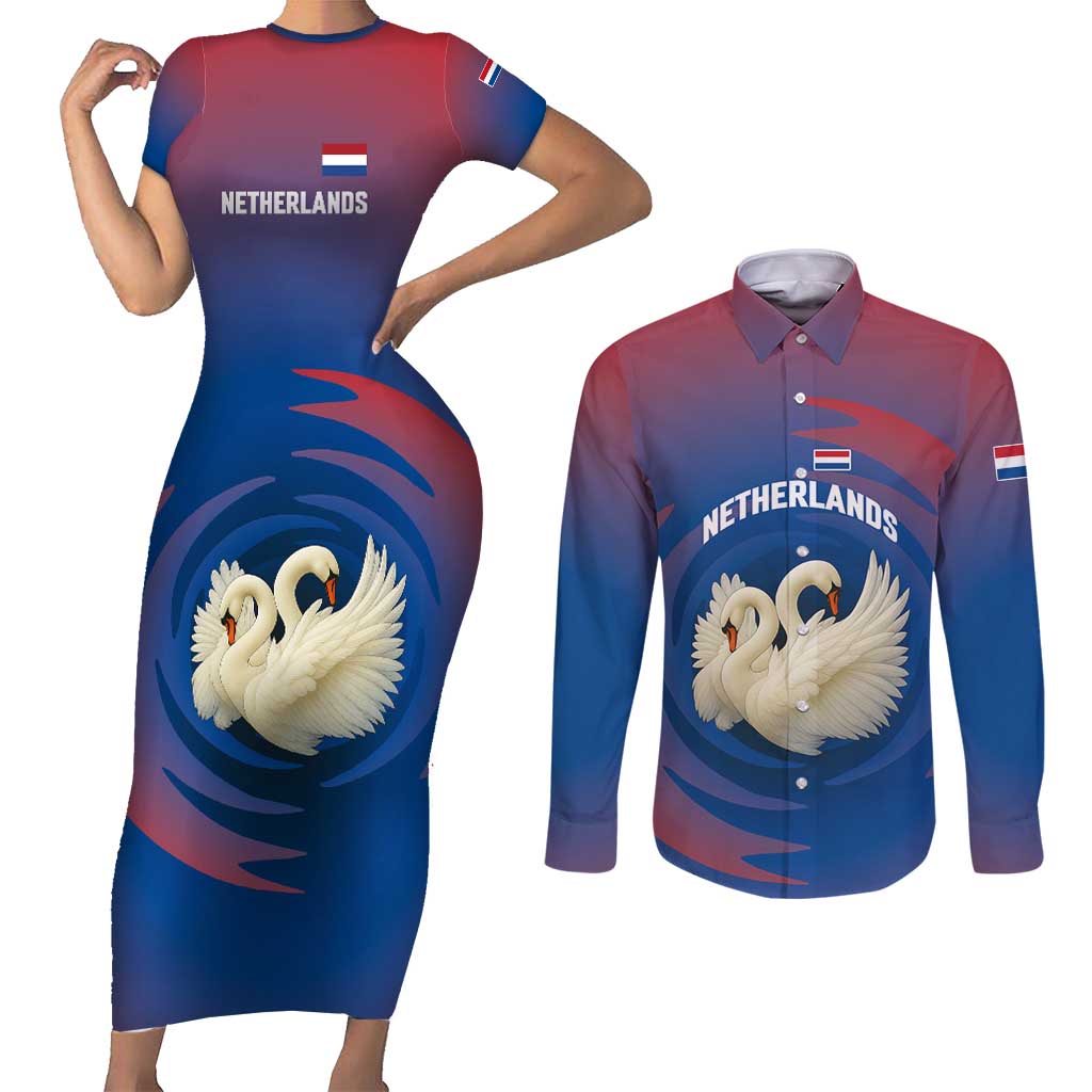 Netherlands Couples Matching Short Sleeve Bodycon Dress and Long Sleeve Button Shirt with Swan Couple Graphic and Dutch Flag in Gradient Red and Blue Design - Wonder Print Shop