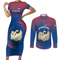 Netherlands Couples Matching Short Sleeve Bodycon Dress and Long Sleeve Button Shirt with Swan Couple Graphic and Dutch Flag in Gradient Red and Blue Design - Wonder Print Shop